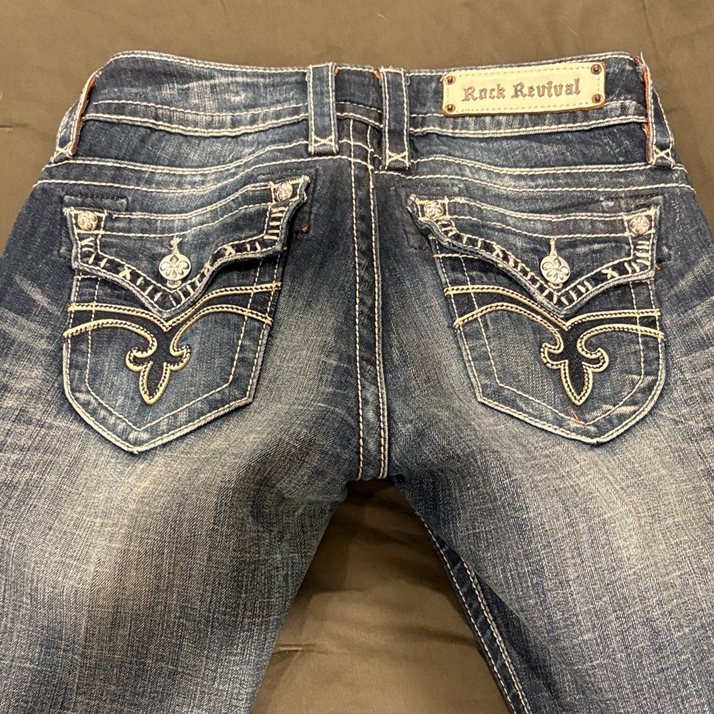 Rock Revival Dark Blue Jeans with Embroidered Pockets women 28 Jen Boot